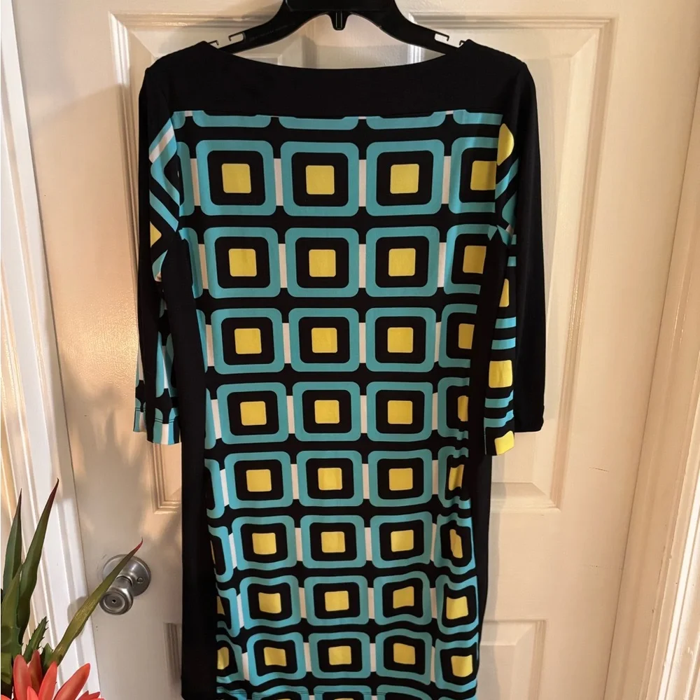 Banana Republic Black Dress w/Blue & Yellow Geometric Pattern, Size M - Picture 3 of 6